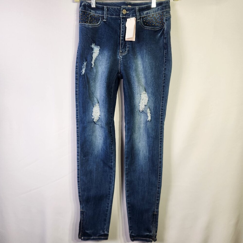 NWT Philosophy Women’s Blue Skinny Distressed Jeans Zippered Ankle – Size 8